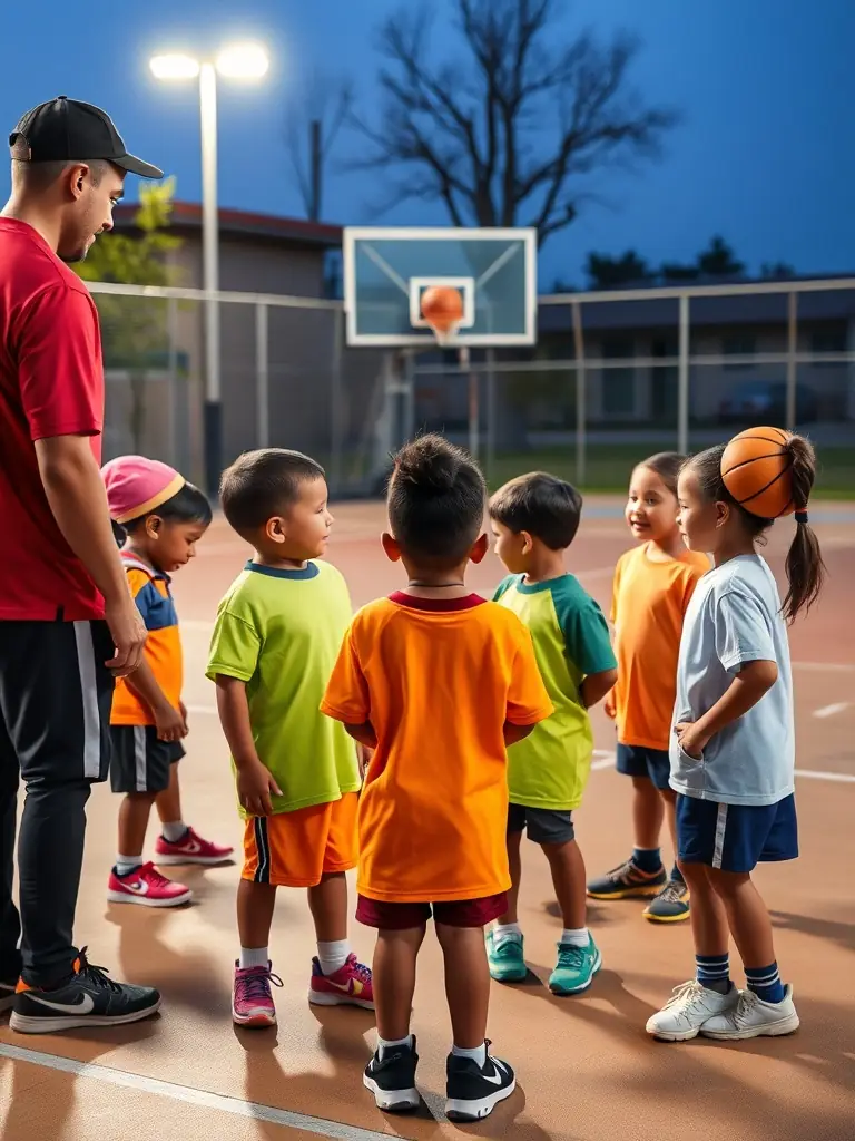 A vibrant photo of children and teenagers playing basketball together on an outdoor court, with a coach giving instructions and everyone smiling, representing teamwork and inclusion.