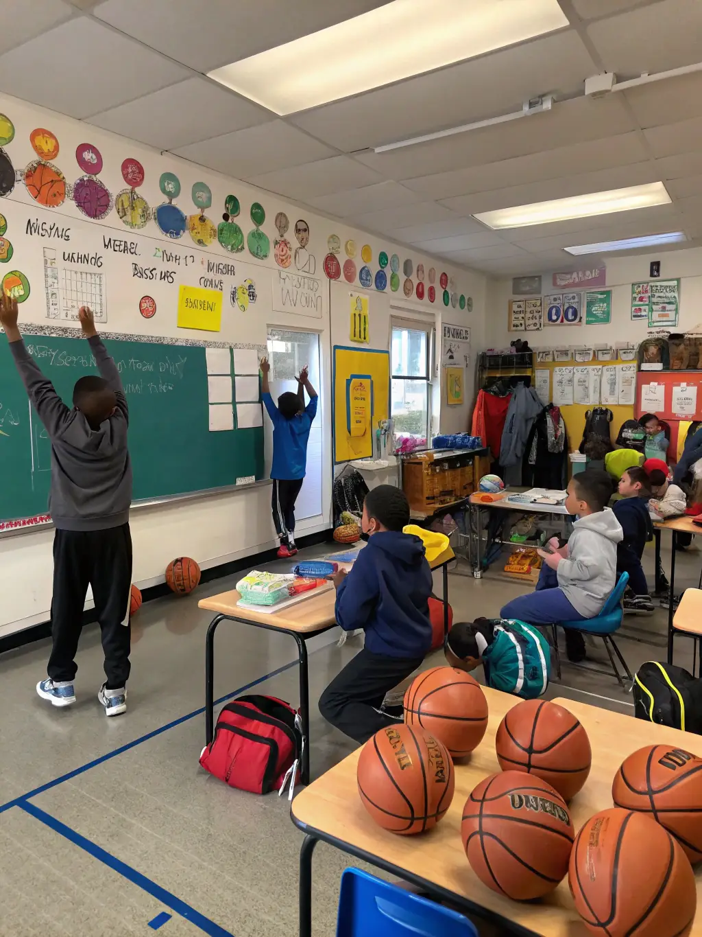 A classroom setting where a coach leads an educational session on sportsmanship and fair play, with attentive children listening and engaging.