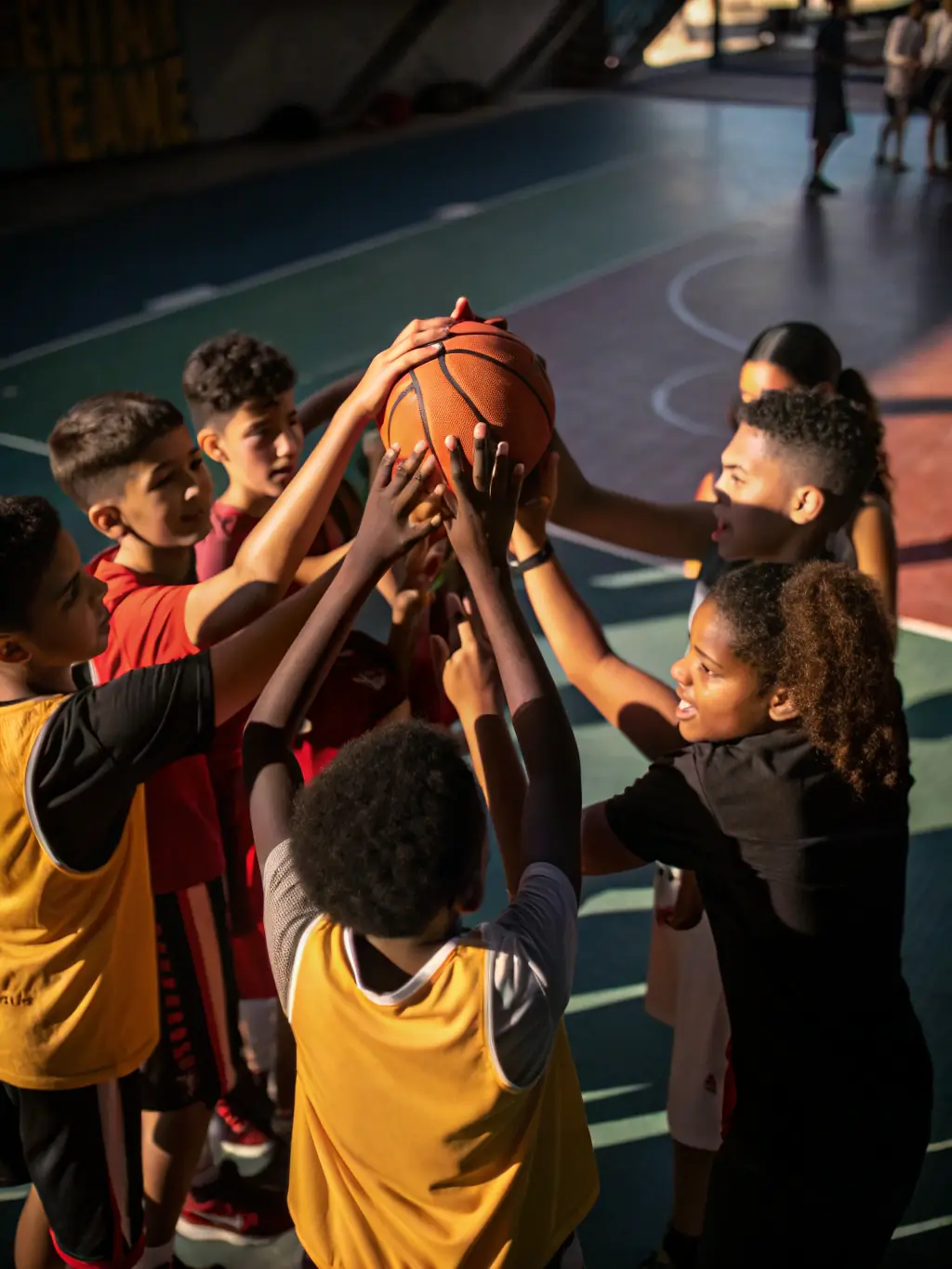 A community event scene with families, volunteers, and players gathered around a basketball court, sharing refreshments and celebrating after a friendly match.