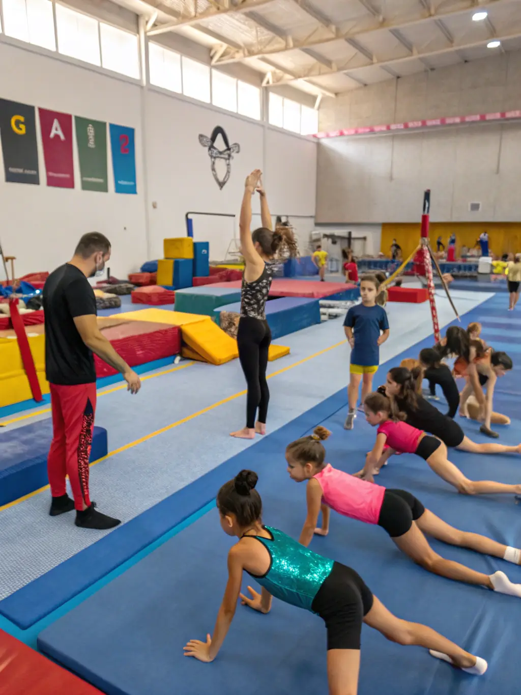A group of young athletes participating in a physical education workshop indoors, using gym equipment and engaging in fun, structured activities.